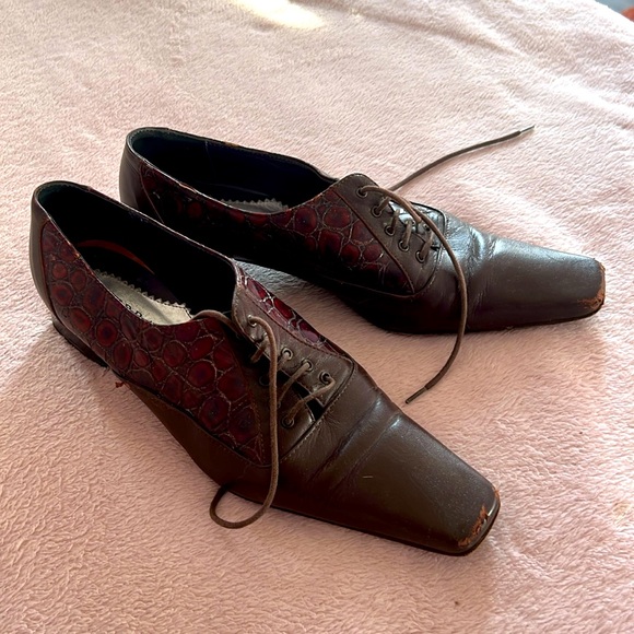 37.5 Made in Italy Leather Shoes Square Toe Low Chunky Heels Laces - Picture 3 of 12